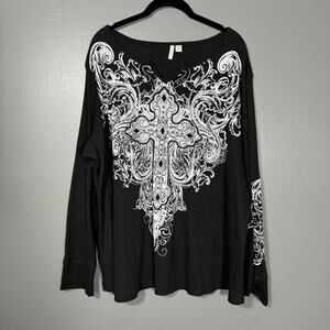 Cato Y2K Goth Black Waffle Knit Rhinestone Cross Top - 22/24 - Women's Plus Size